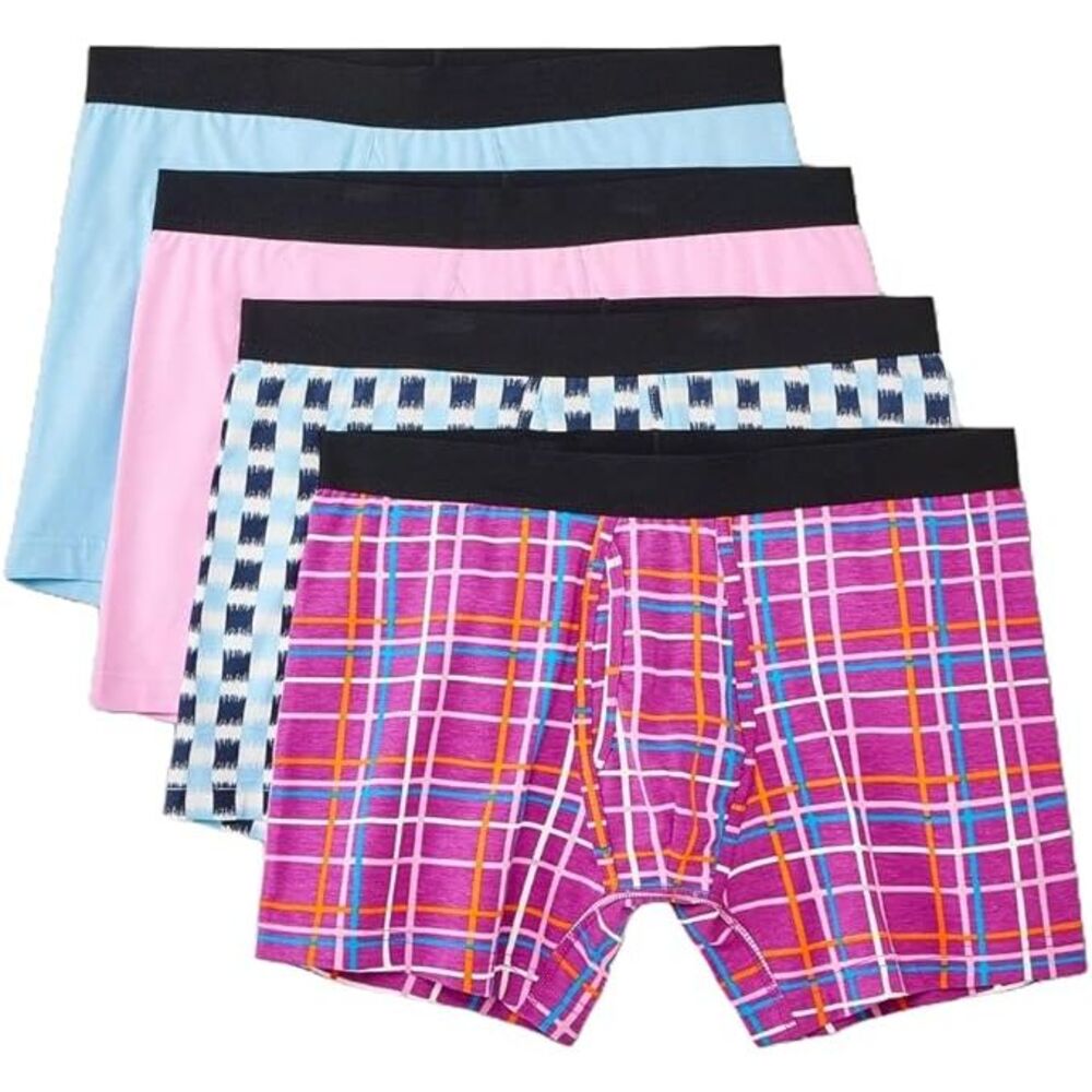 Original Men's Plaid/Solid Boxer Briefs 4 Pack Blue/Pink/White, XS